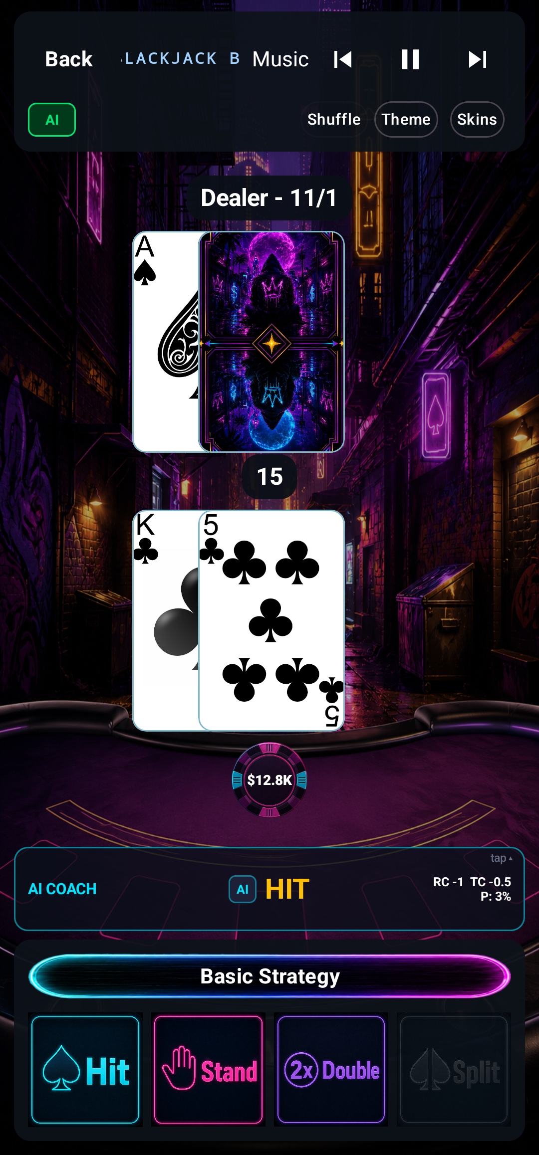 In-game screenshot showing the AI Coach bar recommending HIT on a player 15 vs dealer Ace, with live count and probability percentage