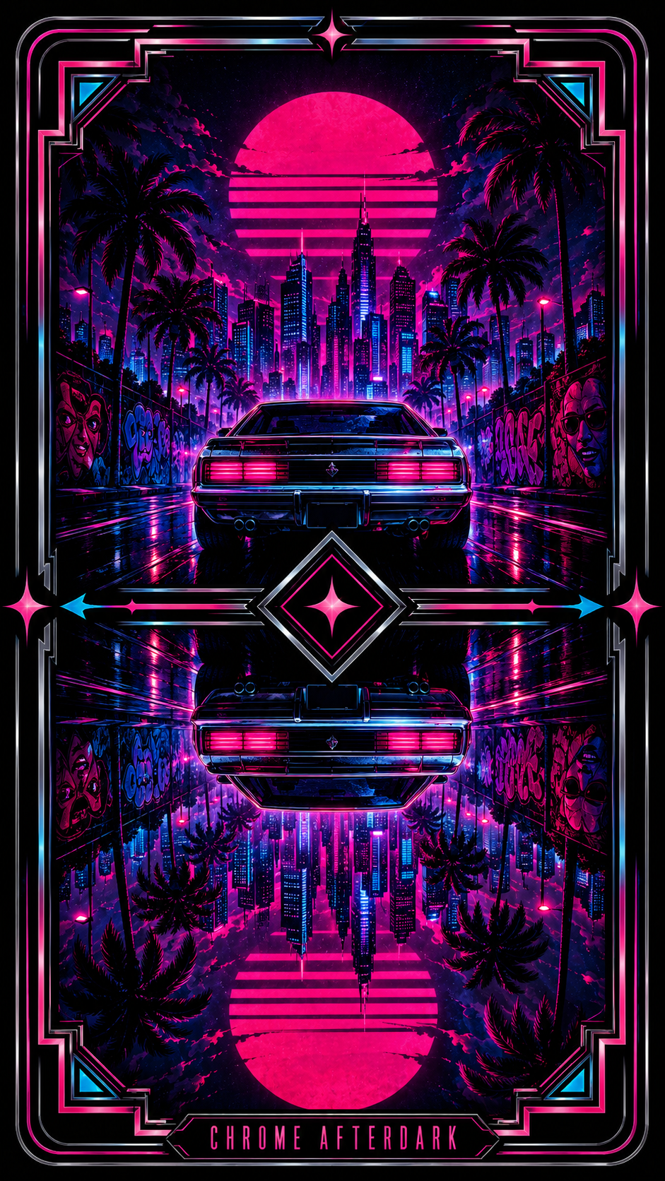 Chrome Afterdark card back — a muscle car under a pink retrowave sun in a neon city