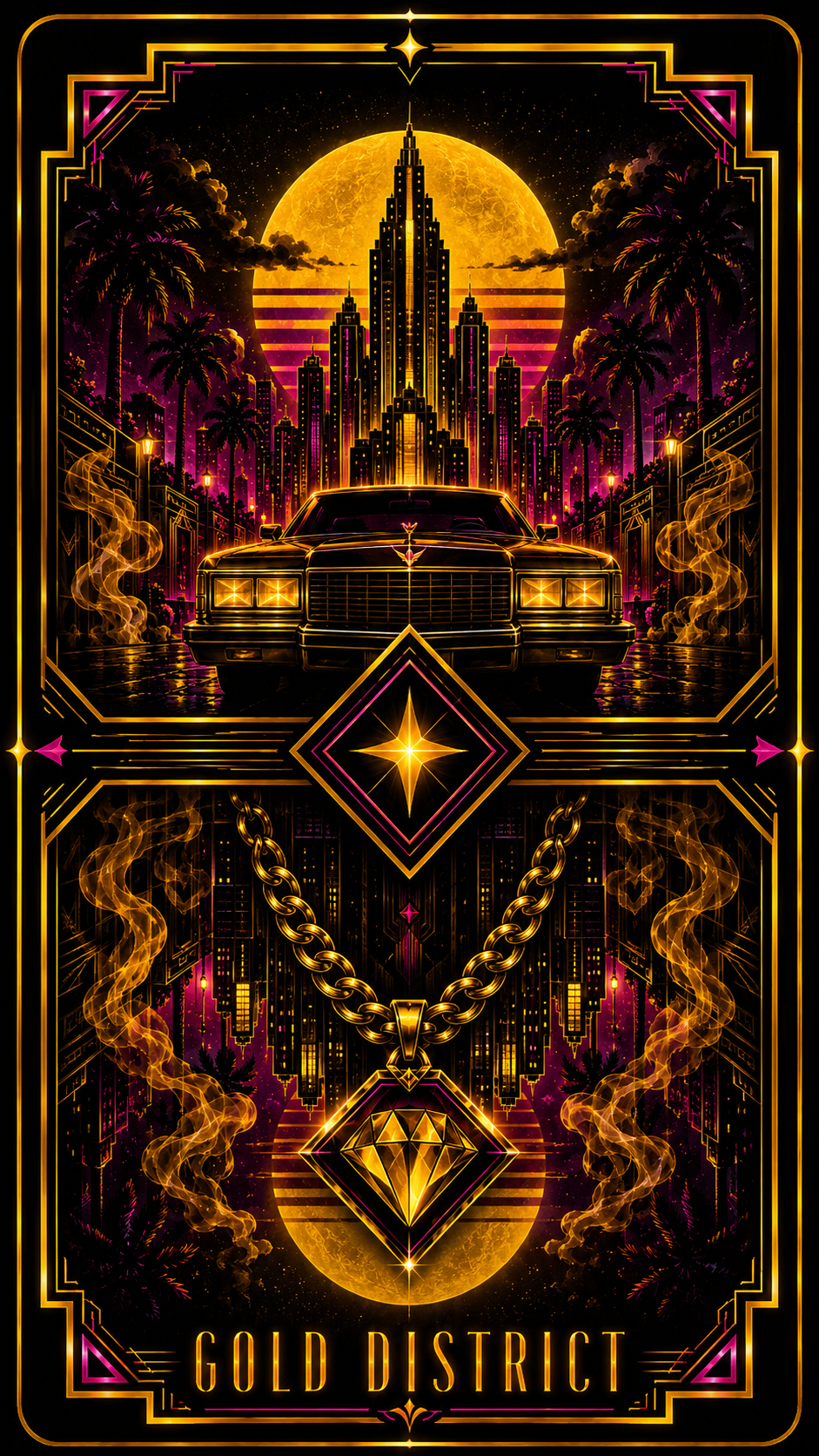 Gold District card back — a gold luxury car with chain and diamond pendant under an art-deco skyline
