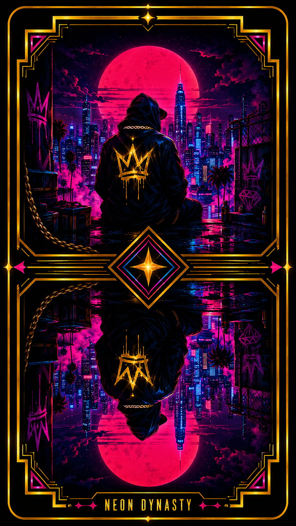 Neon Dynasty card back — hooded figure with a gold crown before a neon skyline and red moon