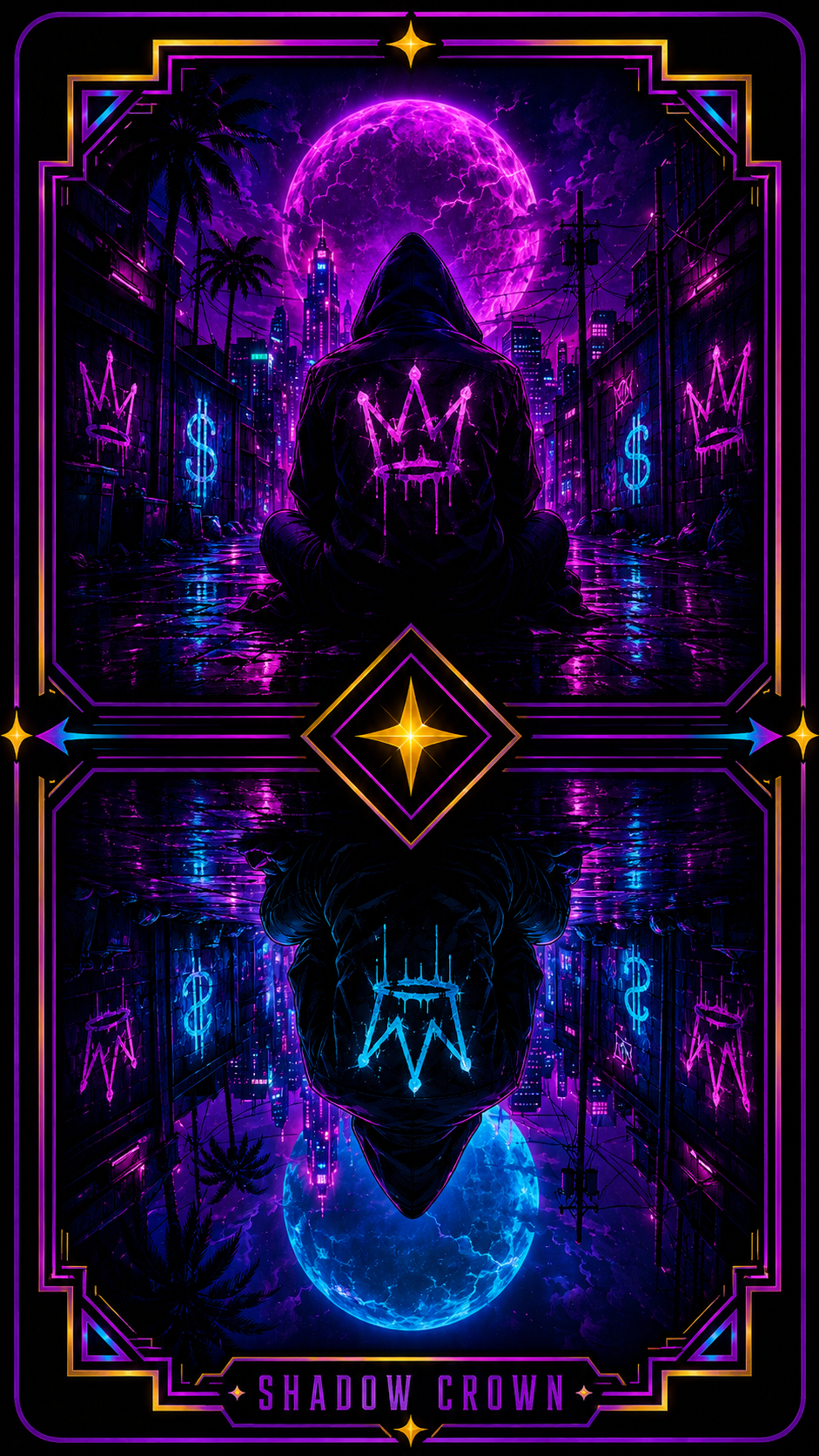 Shadow Crown card back — a hooded figure with a dripping neon crown beneath a purple moon