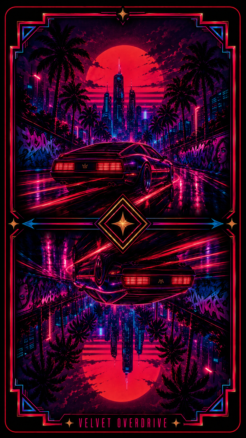 Velvet Overdrive card back — a sportscar speeding through neon palms and a red sun