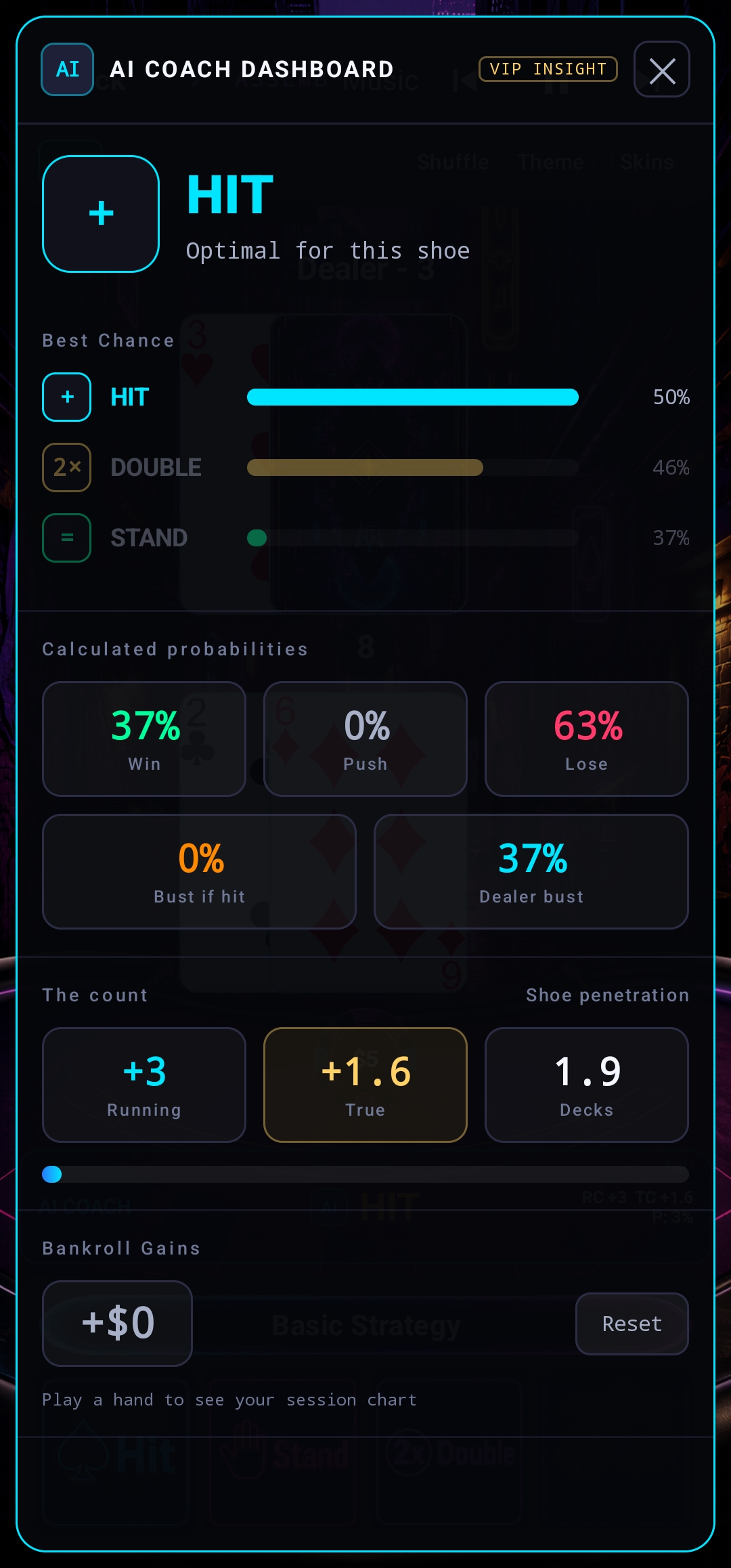 AI Coach Dashboard — best chance bars, calculated probabilities, the live count, and bankroll gains chart