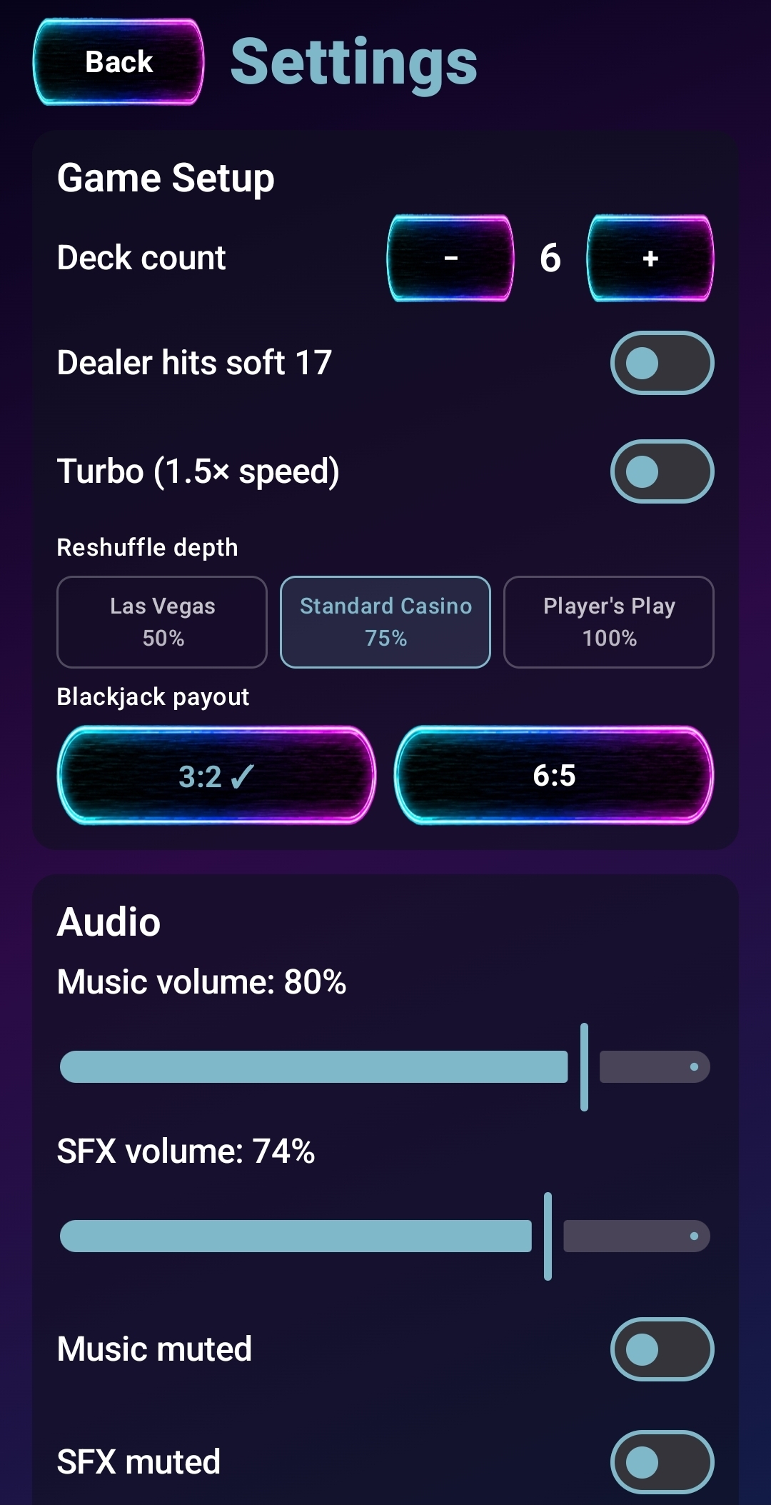 Game Setup — deck count, Dealer hits soft 17, Turbo speed, reshuffle depth, blackjack payout, and audio sliders