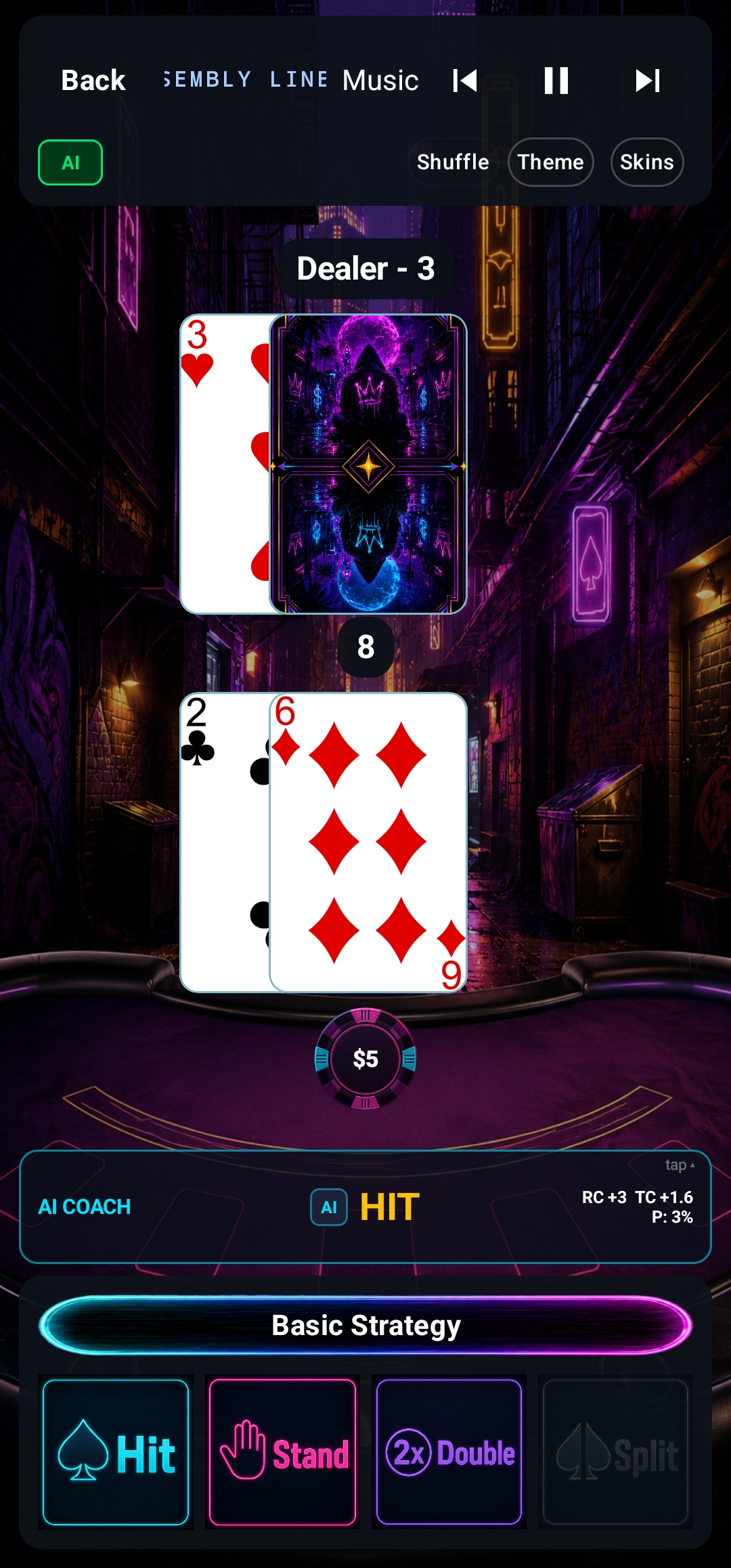 Gameplay with AI Coach enabled — the table HUD shows AI COACH recommending HIT with live RC, TC, and probability