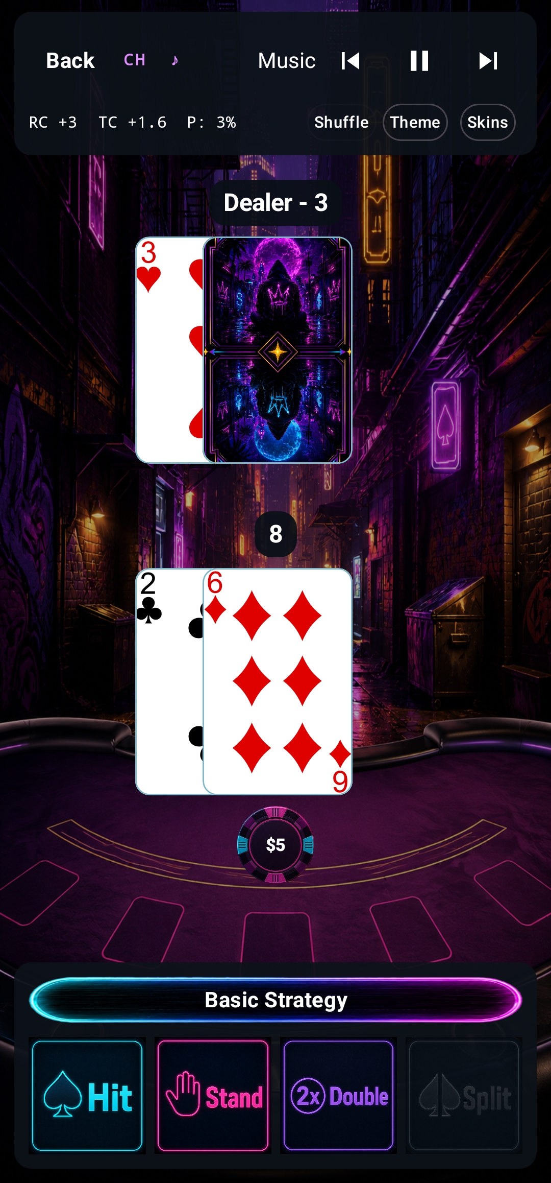 In-game table view — Neon Alley felt with live count overlay (RC, TC, P%) and Basic Strategy bar