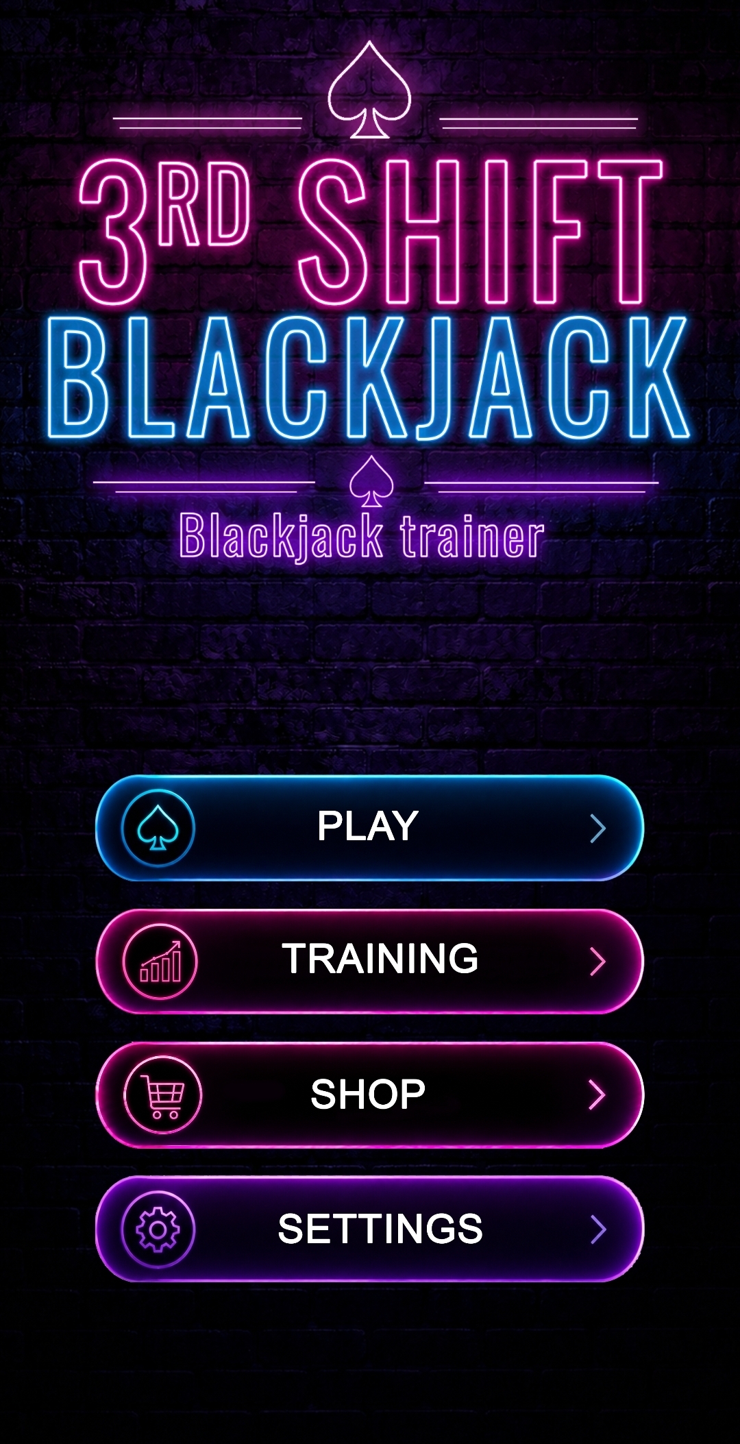 3rd Shift Blackjack main menu — PLAY, TRAINING, SHOP, SETTINGS