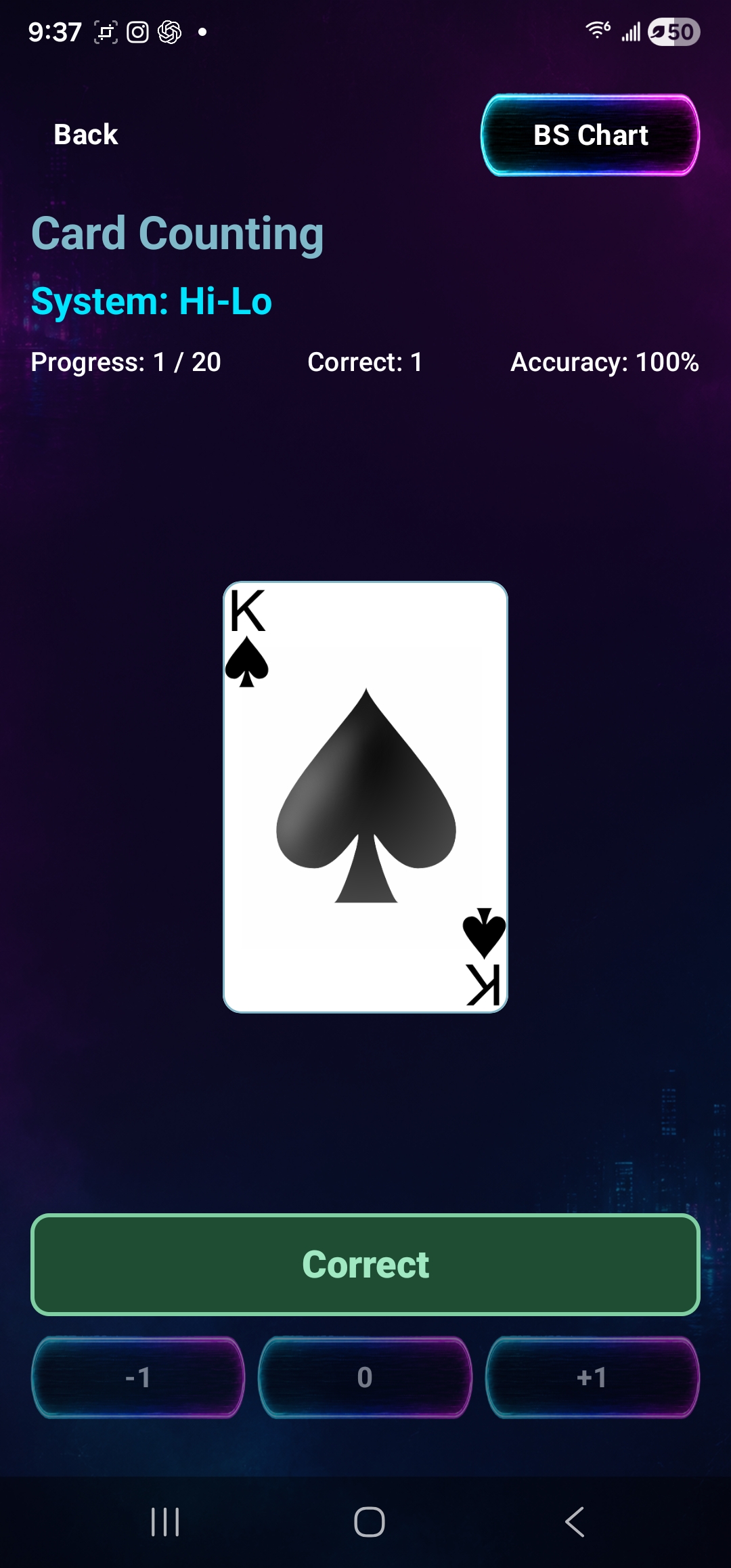Card counting drill — Hi-Lo system, progress 1 of 20, current King of Spades, with −1 / 0 / +1 answers and BS Chart shortcut