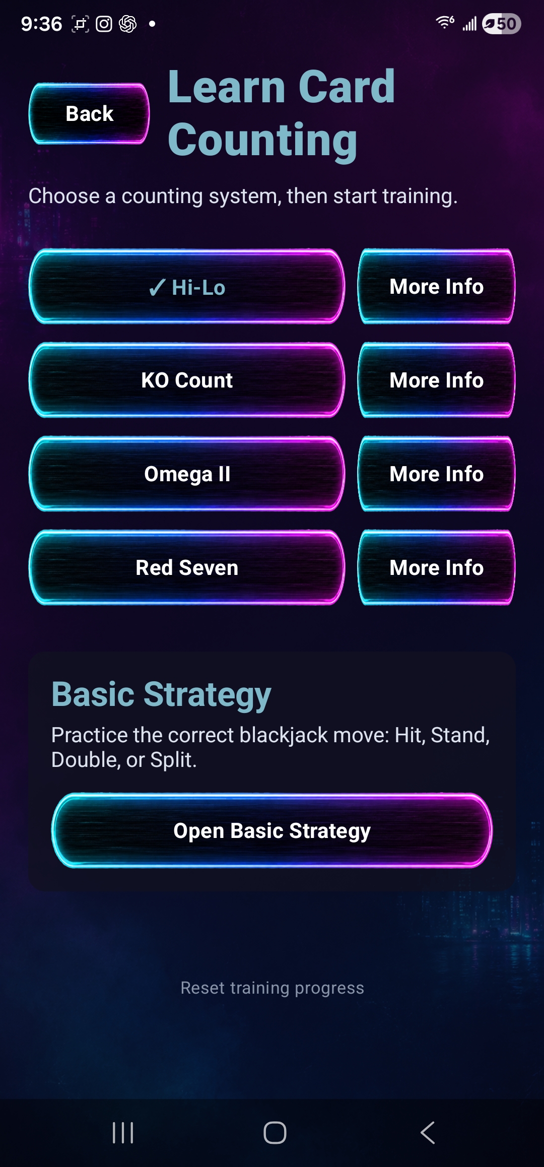 Learn Card Counting menu — Hi-Lo selected, plus KO Count, Omega II, and Red Seven with More Info buttons
