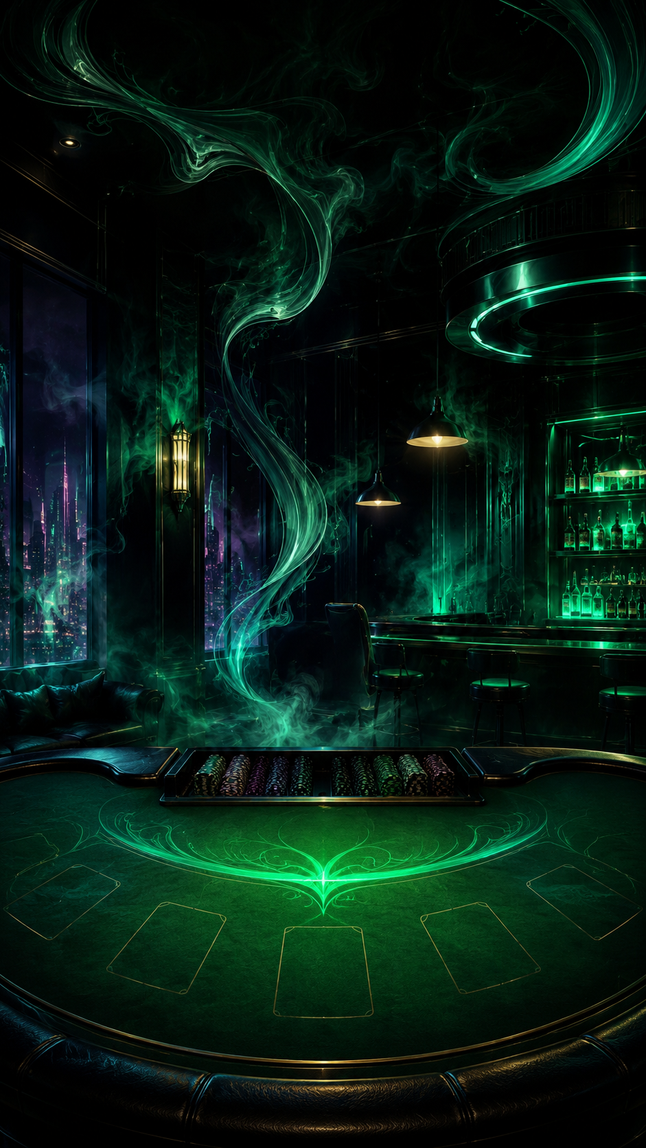 Emerald Haze — green-lit speakeasy with chip stack
