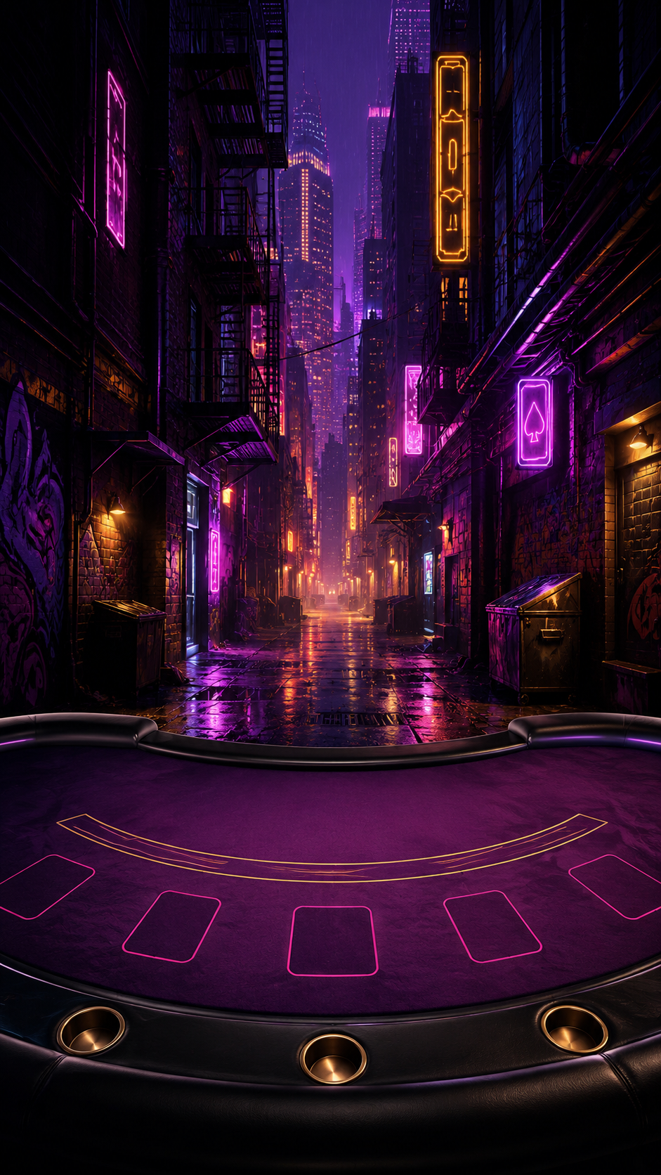 Neon Alley table theme — a purple felt blackjack table set in a rainy cyberpunk alleyway with neon signs