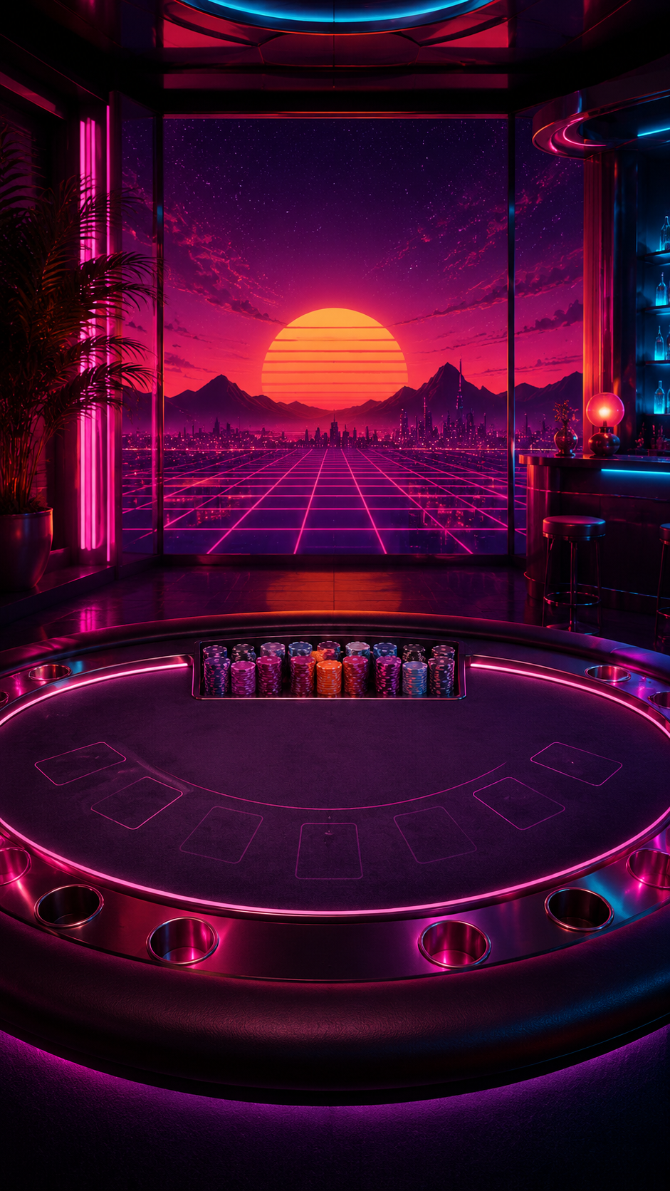 Sunset Grid — retrowave synthwave table with grid horizon